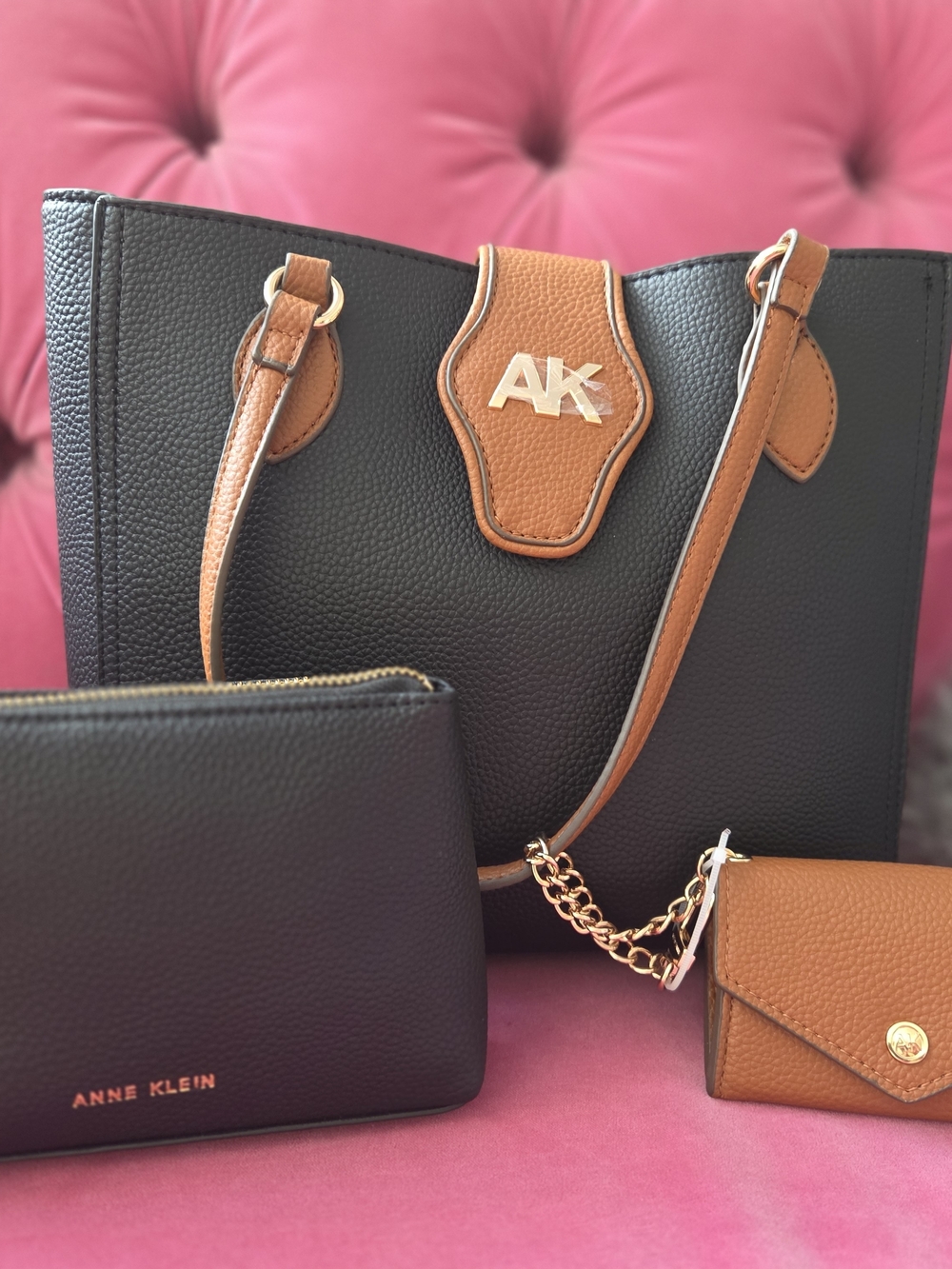 Anne Klein Black and Tan Tote Bag with Matching Pouches